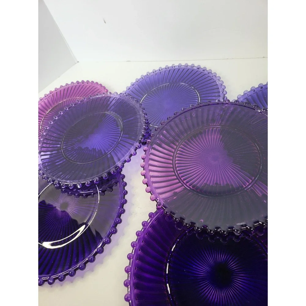Purple Glass Salad Plates Set of 7 Beaded Rim Sunburst Ribbed Amethyst 8.25 inch